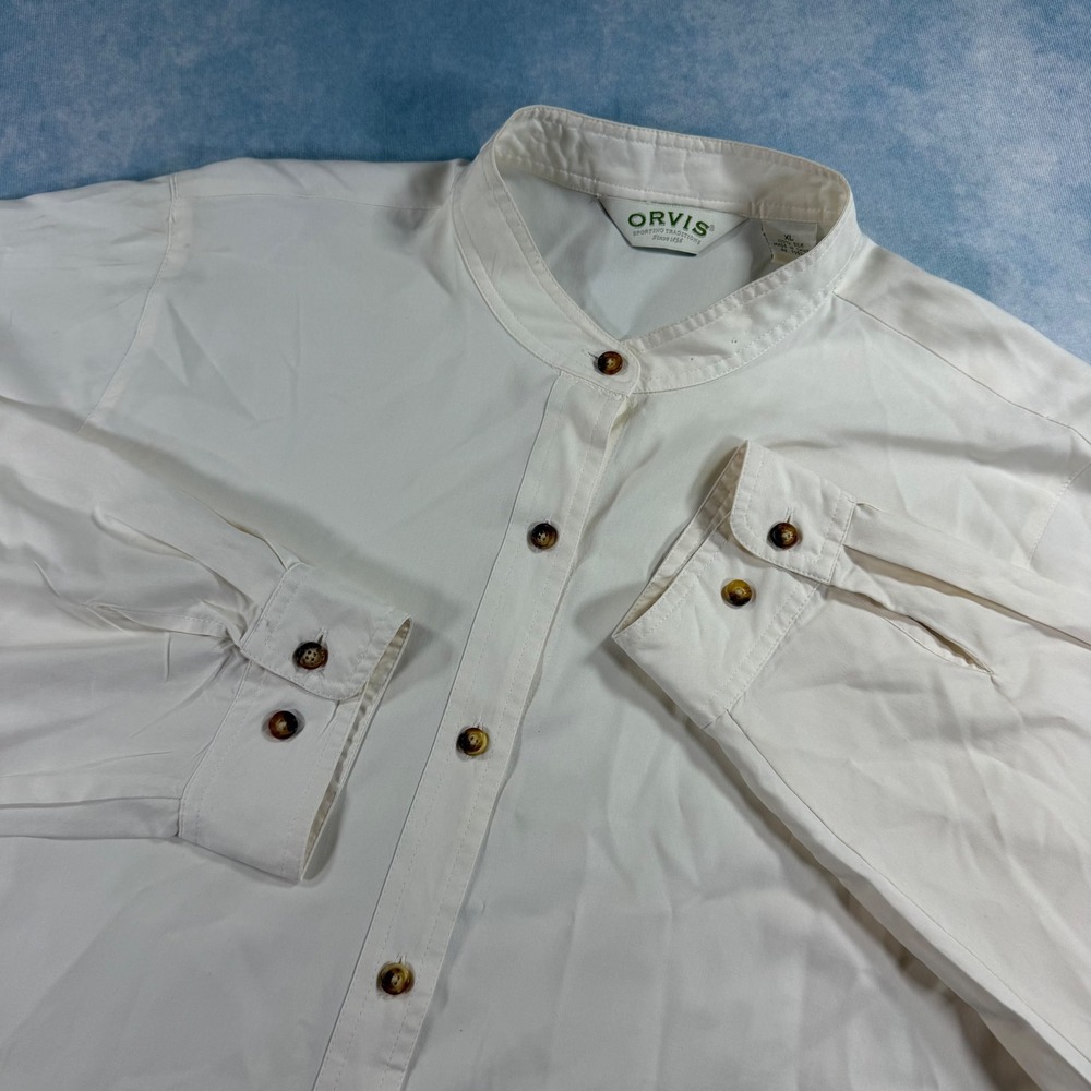 Orvis Silk Shirt Womens XL Cream Good Mandarin Collar Long Sleeve 100% Silk